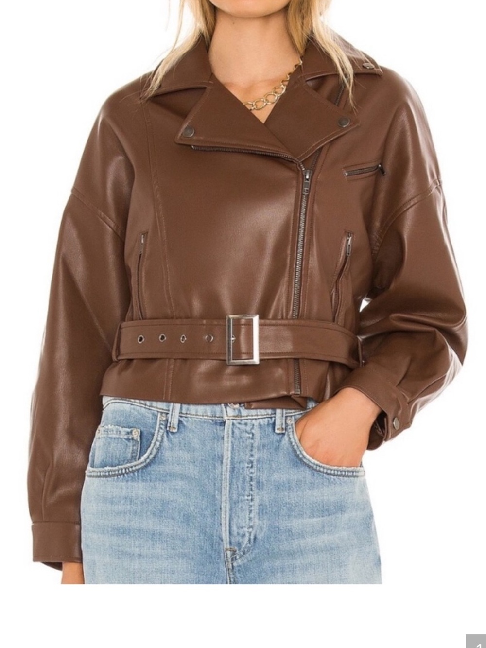 Astr Brown Faux Leather Belted Moto Jacket